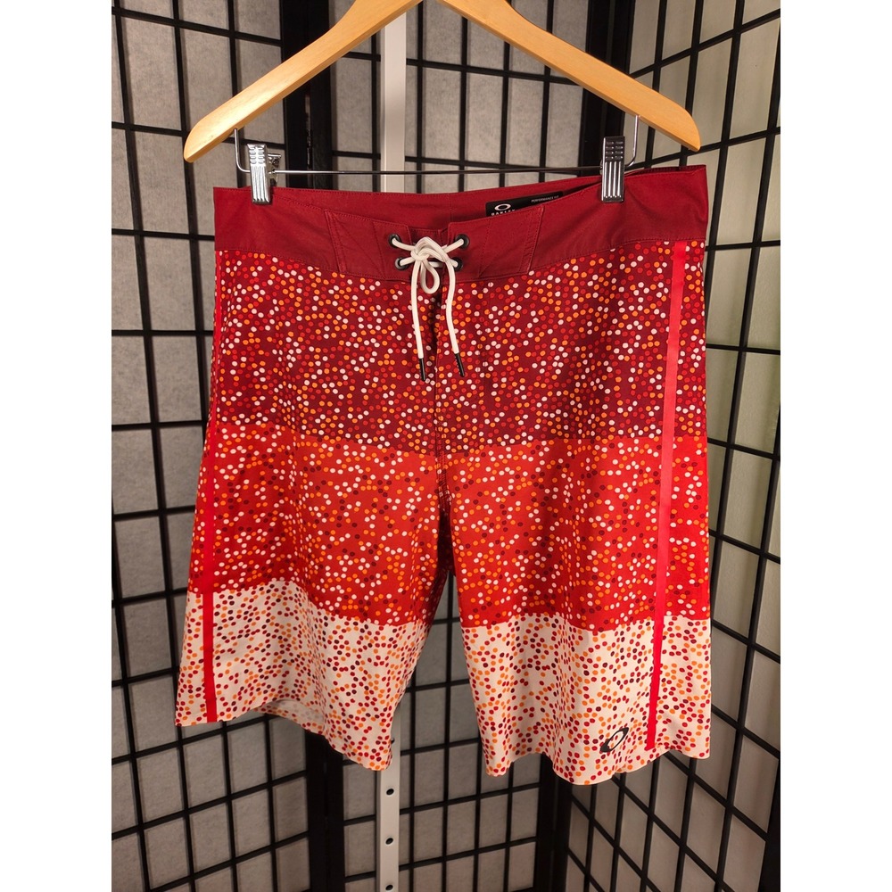 Oakley Mens Board Shorts Size 32 Red Orange Polka Dot Performance Fit Swim Trunk